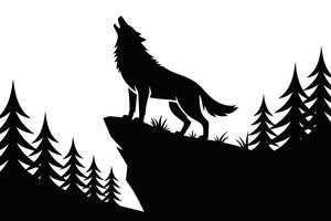 Black silhouette of a howling wolf on a cliff with pine trees vector