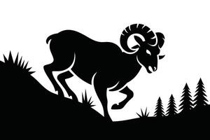 Black Silhouette of Ram Running on Hill with Trees vector