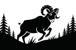 Black Silhouette of Ram Jumping with Trees and Grass vector