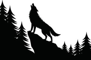 Black Silhouette of Howling Wolf on Rock with Pine Trees vector