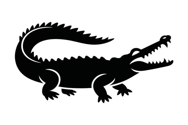 Black Alligator Silhouette with Open Mouth and Spiked Tail on White Background