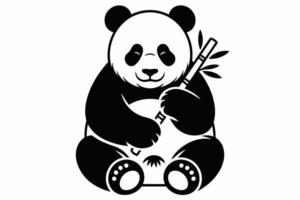 Black and white panda illustration holding bamboo on white background vector