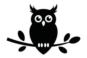 Black owl silhouette perched on a branch with leaves against a white background vector