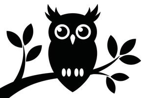 Black Owl Silhouette Perched on Branch with Leaves vector