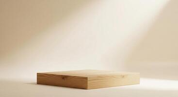 A wooden box sitting on a table in front of a light photo