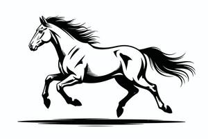 Black and white illustration of a running horse with flowing mane and tail vector