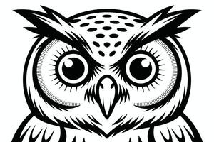 An owl head with big eyes is shown in this black and white drawing vector