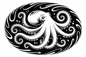 Black and white octopus illustration in an oval frame with swirling tentacles vector