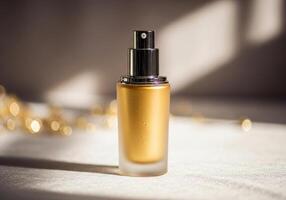 A golden liquid bottle of makeup sitting on a table photo