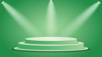 Vibrant green podium background featuring round stage and glowing spotlights ideal for product displays, presentations, advertising, banners, posters, and digital design projects vector