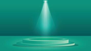 Stylish green background featuring a round podium under a bright spotlight perfect for product displays, presentations, advertising, banners, posters, digital art, and creative design projects vector