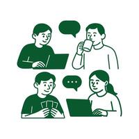 Four people using laptops and talking to each other vector