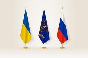 Diplomatic Meeting Representation, Ukraine, North Dakota and Russia Flags. Flags on Diplomatic Stands. vector