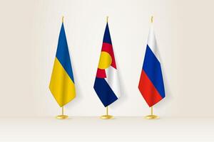 Diplomatic Meeting Representation, Ukraine, Colorado and Russia Flags. Flags on Diplomatic Stands. vector