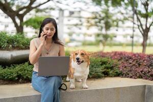 Remote Work and Pet Companionship. Woman on phone while working on laptop with her corgi dog nearby. photo