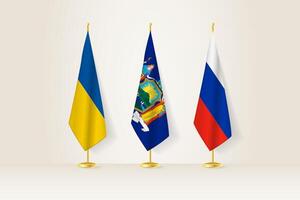 Diplomatic Meeting Representation, Ukraine, New York and Russia Flags. Flags on Diplomatic Stands. vector