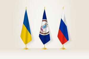 Diplomatic Meeting Representation, Ukraine, Virginia and Russia Flags. Flags on Diplomatic Stands. vector