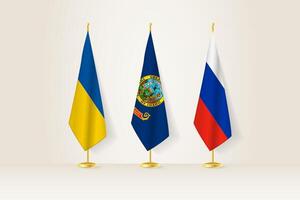 Diplomatic Meeting Representation, Ukraine, Idaho and Russia Flags. Flags on Diplomatic Stands. vector