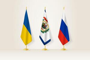 Diplomatic Meeting Representation, Ukraine, West Virginia and Russia Flags. Flags on Diplomatic Stands. vector