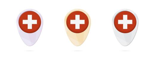 Map markers with flag of Switzerland, 3 color versions. vector