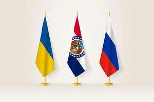 Diplomatic Meeting Representation, Ukraine, Missouri and Russia Flags. Flags on Diplomatic Stands. vector