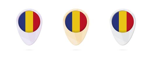 Map markers with flag of Romania, 3 color versions. vector