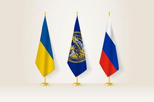 Diplomatic Meeting Representation, Ukraine, Nebraska and Russia Flags. Flags on Diplomatic Stands. vector