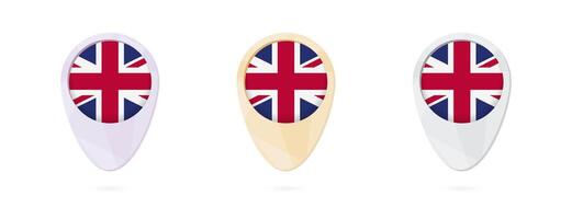 Map markers with flag of United Kingdom, 3 color versions. vector