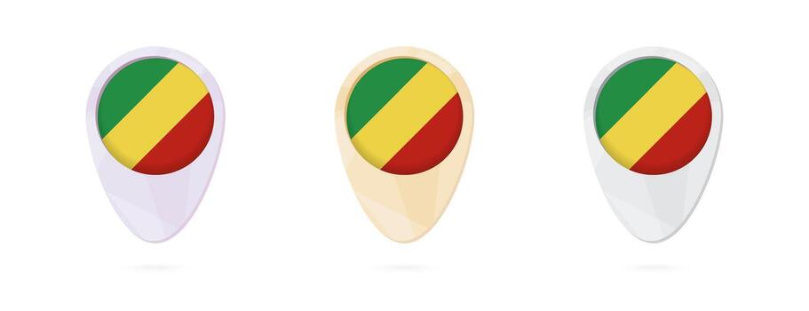 mapa marcadores con bandera de congo, 3 color versiones. vector