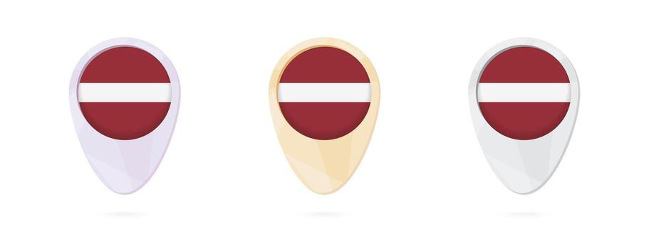 mapa marcadores con bandera de letonia, 3 color versiones. vector