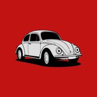 Red Background Showcasing a Classic White Volkswagen Beetle with a Black Outline and Subtle Shadows, Evoking Nostalgia. vector