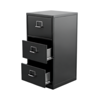 Black metal filing cabinet with drawers open. png