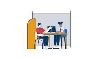 Customer service interaction at bank desk 2D characters animation. Caucasian male client in professional conversation with civil servant animated people cartoon 4K isolated on white transparent video