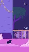Quirky lofi night on urban balcony with curious mouse vertical animation background. Bird perched on railing, string lights. Lo fi 2D cartoon animated backdrop wallpaper 4k . Chill aesthetic video