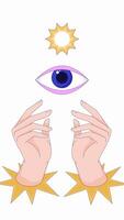 Two ethereal hands with radiant sun and all seeing eye transparent overlay animation. Enlightenment, spiritual mysticism. Vertical 2D cartoon animated element 4k . Decorative motion graphics video