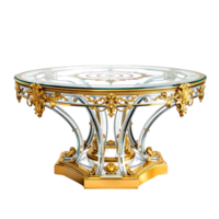 Luxury round glass dining table with gold and silver ornate base. png