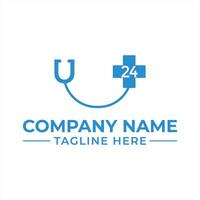 Modern Medical Logo Design Featuring Stethoscope and Cross Symbolizing 24 Hour Service Healthcare Clinic vector