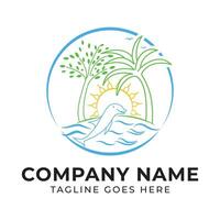 Tropical Paradise Logo Design Featuring Dolphin Sun and Palm Trees Evoking Serenity and Nature Connection for Travel Branding vector