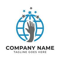 Global Reach with Human Touch A Logo Design Featuring Hand Silhouette Stars and Interconnected World vector