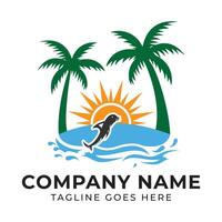 Tropical Paradise Logo Featuring a Dolphin, Palm Trees, a Sun, and Ocean Waves with Customizable Text Areas vector