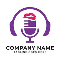 Podcast Logo with Headphones Microphone and Lips for Audio Production and Content Creation Brand Identity Design vector