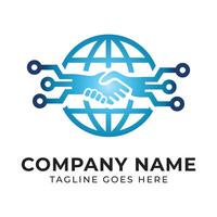 Global Technology Partnership Logo Design Blue Tech Handshake Globe, a symbol of international collaboration and digital advancement vector
