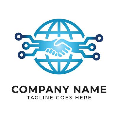 Global Technology Partnership Logo Design Blue Tech Handshake Globe, a symbol of international collaboration and digital advancement