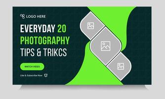 Tutorial photography daily tips and tricks thumbnail banner design, daily photography learning tips and techniques cover banner design, editable eps 10 file format vector