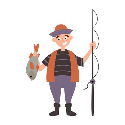 Cartoon Fisherman Holding Fish Illustration. White background, isolate