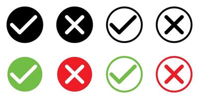 green tick and red x in circle, set of OK check mark and X cross icon symbol, illustration isolated on a white background vector