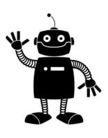 robot, black and white cartoon illustration of humanoid robot with waving hand vector