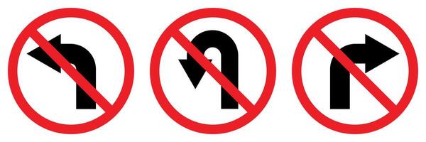 No left right and U turn sign symbol, prohibitory traffic sign, red crossed out circle symbol with arrow, set vector