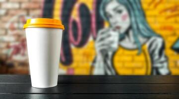 White coffee cup on wooden table with vibrant street art of woman drinking coffee in background photo
