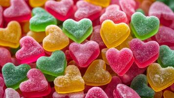 Vibrant heart candies with sugar coating in red, pink, yellow, and green. Sweet and playful photo